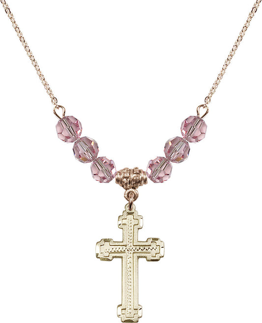 14kt Gold Filled Cross Birthstone Necklace with Light Rose Beads - 6039