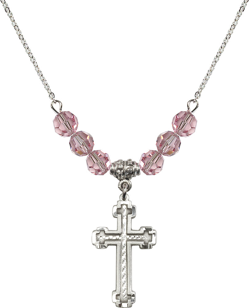 Sterling Silver Cross Birthstone Necklace with Light Rose Beads - 6039