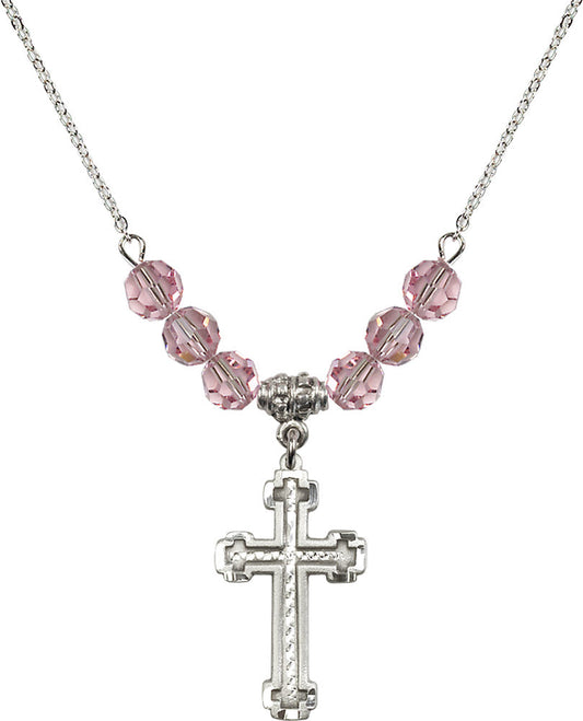 Sterling Silver Cross Birthstone Necklace with Light Rose Beads - 6039