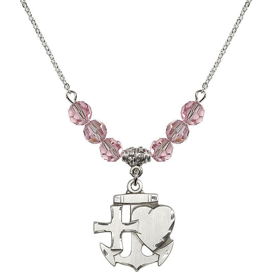 Sterling Silver Faith, Hope & Charity Birthstone Necklace with Light Rose Beads - 6045