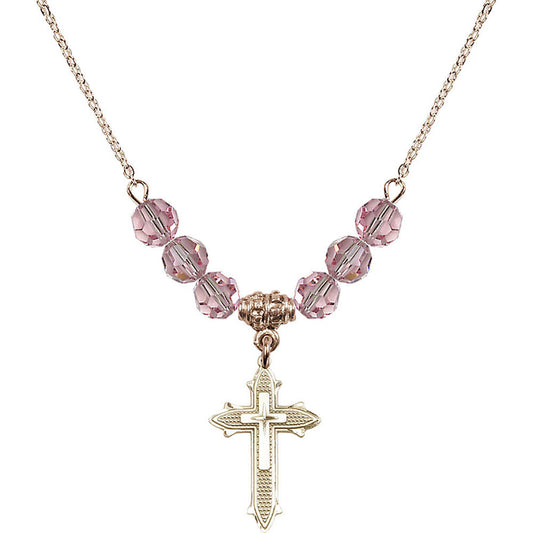14kt Gold Filled Cross on Cross Birthstone Necklace with Light Rose Beads - 6058