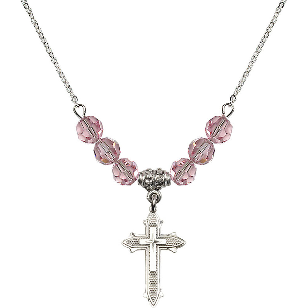 Sterling Silver Cross on Cross Birthstone Necklace with Light Rose Beads - 6058