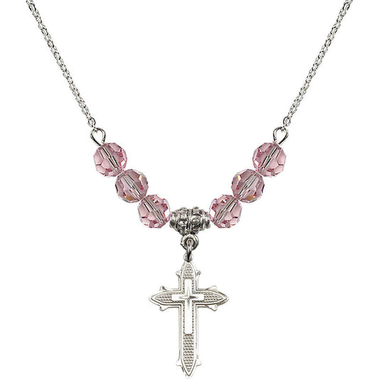 Sterling Silver Cross on Cross Birthstone Necklace with Light Rose Beads - 6058