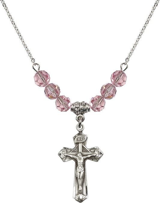 Sterling Silver Crucifix Birthstone Necklace with Light Rose Beads - 6092