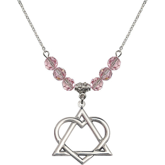 Sterling Silver Adoption Heart Birthstone Necklace with Light Rose Beads - 6210