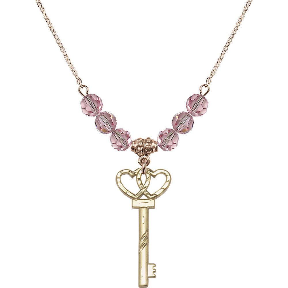 14kt Gold Filled Small Key w/Double Hearts Birthstone Necklace with Light Rose Beads - 6213