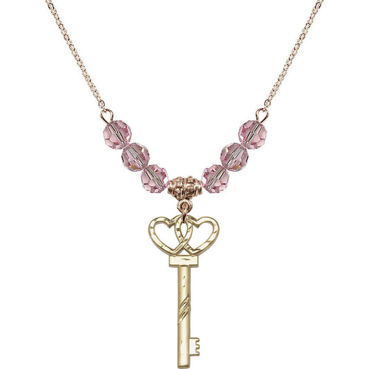 14kt Gold Filled Small Key w/Double Hearts Birthstone Necklace with Light Rose Beads - 6213