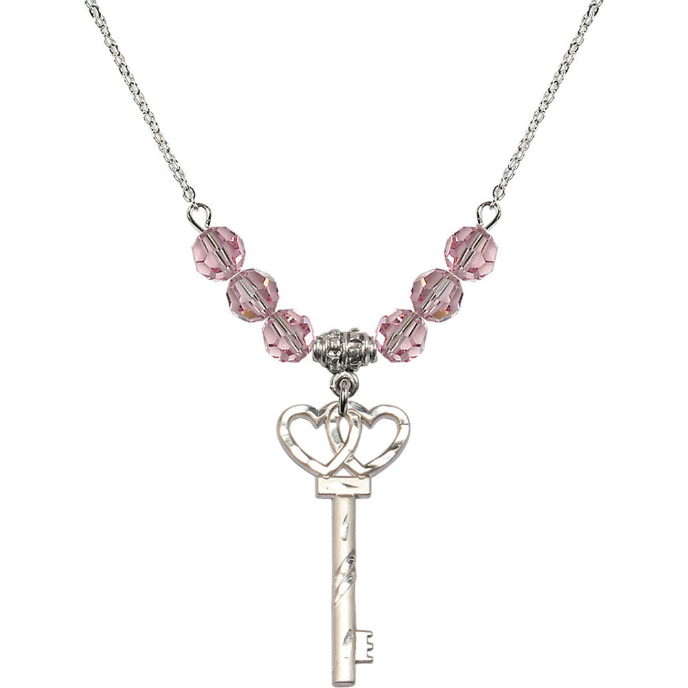 Sterling Silver Small Key w/Double Hearts Birthstone Necklace with Light Rose Beads - 6213