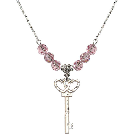 Sterling Silver Small Key w/Double Hearts Birthstone Necklace with Light Rose Beads - 6213