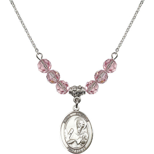 Sterling Silver Saint Andrew the Apostle Birthstone Necklace with Light Rose Beads - 8000