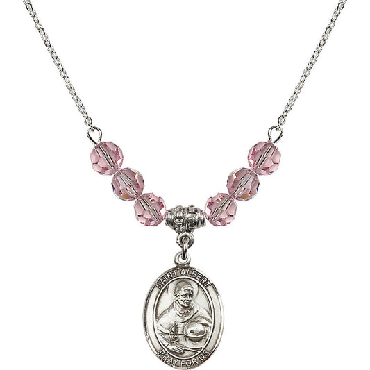 Sterling Silver Saint Albert the Great Birthstone Necklace with Light Rose Beads - 8001