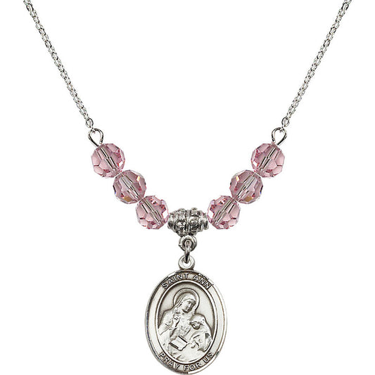 Sterling Silver Saint Ann Birthstone Necklace with Light Rose Beads - 8002