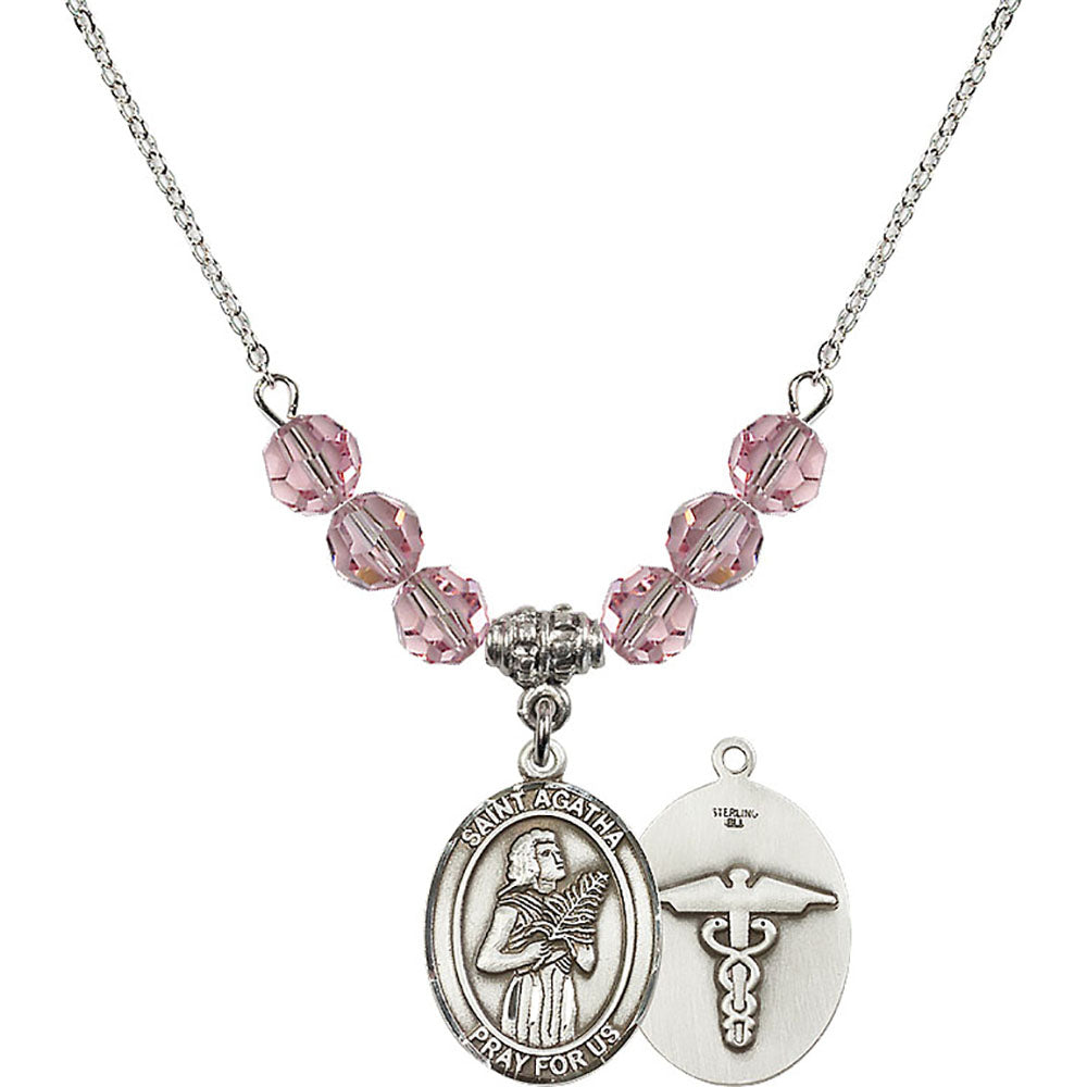 Sterling Silver Saint Agatha / Nurse Birthstone Necklace with Light Rose Beads - 8003