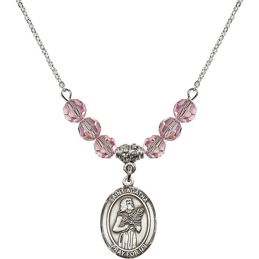 Sterling Silver Saint Agatha Birthstone Necklace with Light Rose Beads - 8003