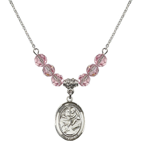 Sterling Silver Saint Anthony of Padua Birthstone Necklace with Light Rose Beads - 8004