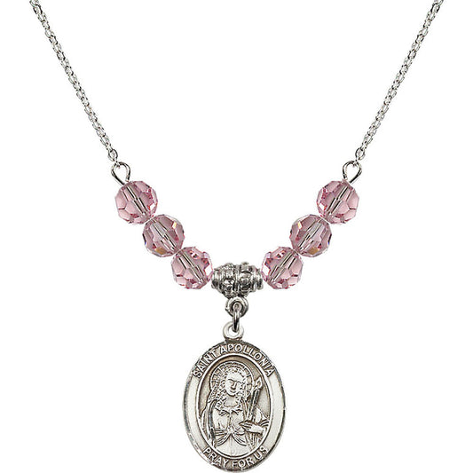 Sterling Silver Saint Apollonia Birthstone Necklace with Light Rose Beads - 8005