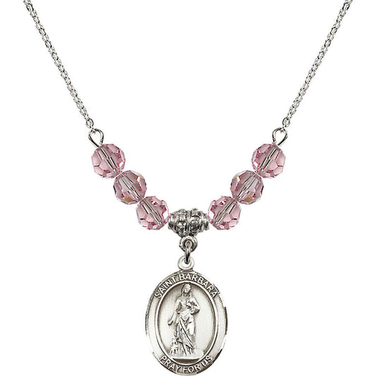 Sterling Silver Saint Barbara Birthstone Necklace with Light Rose Beads - 8006