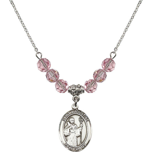 Sterling Silver Saint Augustine Birthstone Necklace with Light Rose Beads - 8007