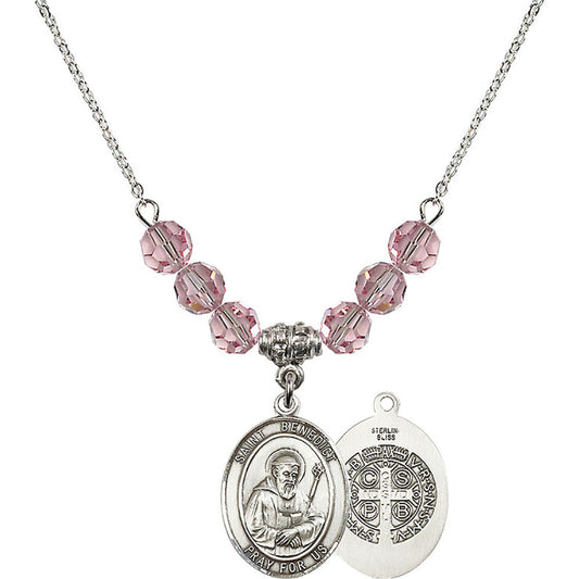 Sterling Silver Saint Benedict Birthstone Necklace with Light Rose Beads - 8008