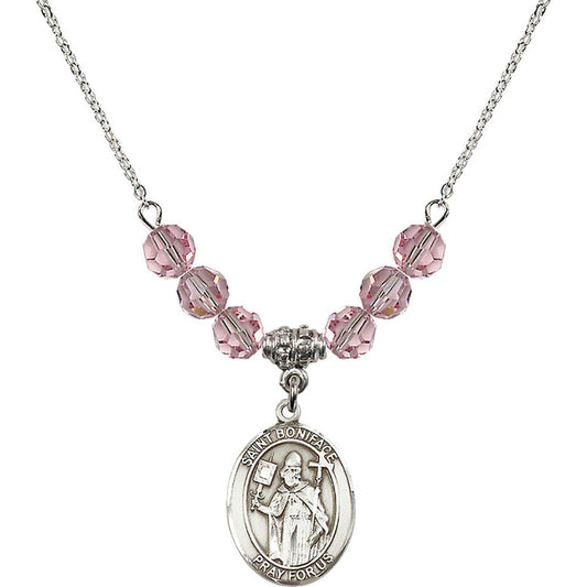 Sterling Silver Saint Boniface Birthstone Necklace with Light Rose Beads - 8009