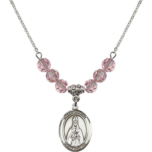 Sterling Silver Saint Blaise Birthstone Necklace with Light Rose Beads - 8010