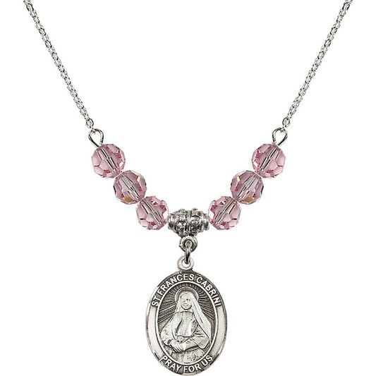 Sterling Silver Saint Frances Cabrini Birthstone Necklace with Light Rose Beads - 8011