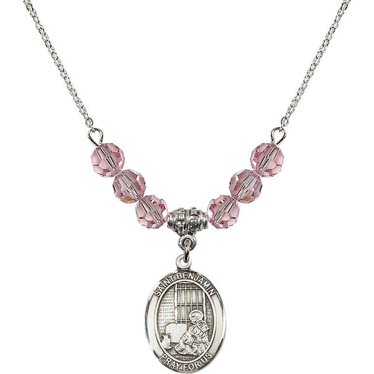 Sterling Silver Saint Benjamin Birthstone Necklace with Light Rose Beads - 8013