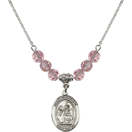 Sterling Silver Saint Catherine of Siena Birthstone Necklace with Light Rose Beads - 8014
