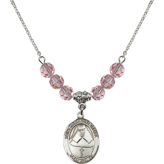 Sterling Silver Saint Katharine Drexel Birthstone Necklace with Light Rose Beads - 8015
