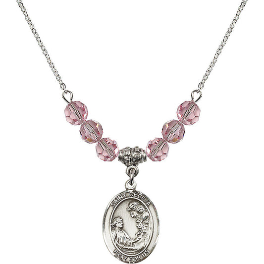 Sterling Silver Saint Cecilia Birthstone Necklace with Light Rose Beads - 8016