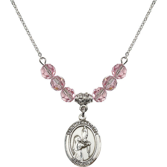 Sterling Silver Saint Bernadette Birthstone Necklace with Light Rose Beads - 8017