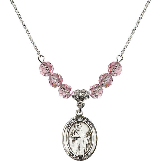 Sterling Silver Saint Brendan the Navigator Birthstone Necklace with Light Rose Beads - 8018