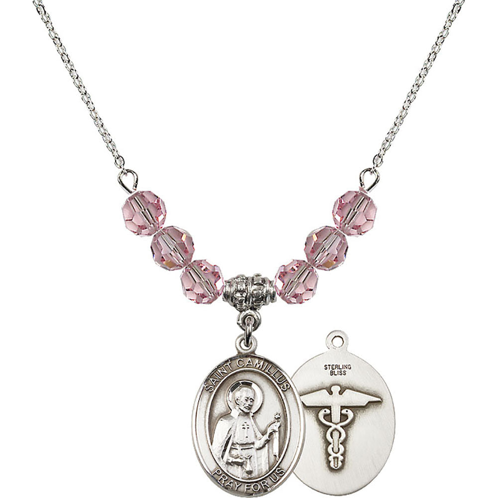 Sterling Silver Saint Camillus of Lellis / Nurse Birthstone Necklace with Light Rose Beads - 8019