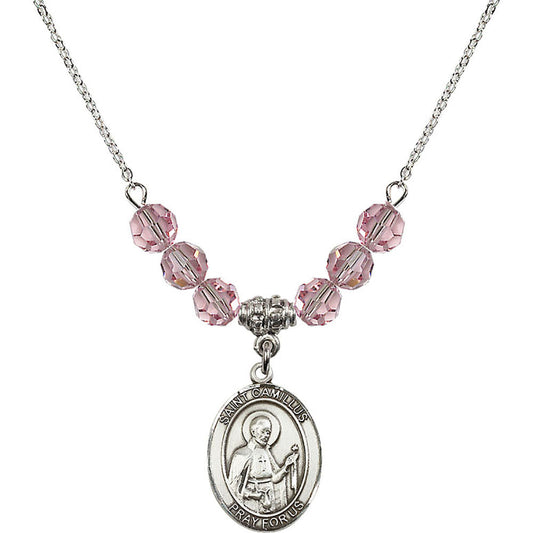 Sterling Silver Saint Camillus of Lellis Birthstone Necklace with Light Rose Beads - 8019