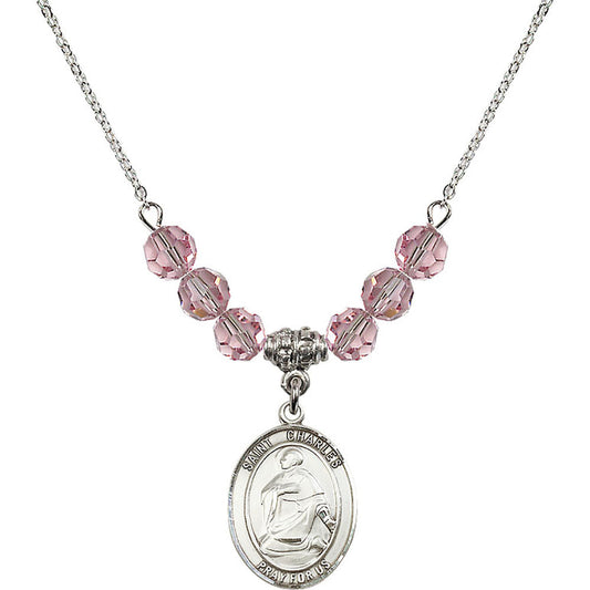 Sterling Silver Saint Charles Borromeo Birthstone Necklace with Light Rose Beads - 8020