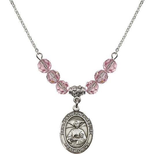 Sterling Silver Saint Catherine Laboure Birthstone Necklace with Light Rose Beads - 8021