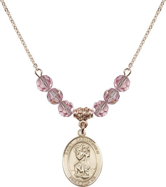 14kt Gold Filled Saint Christopher Birthstone Necklace with Light Rose Beads - 8022