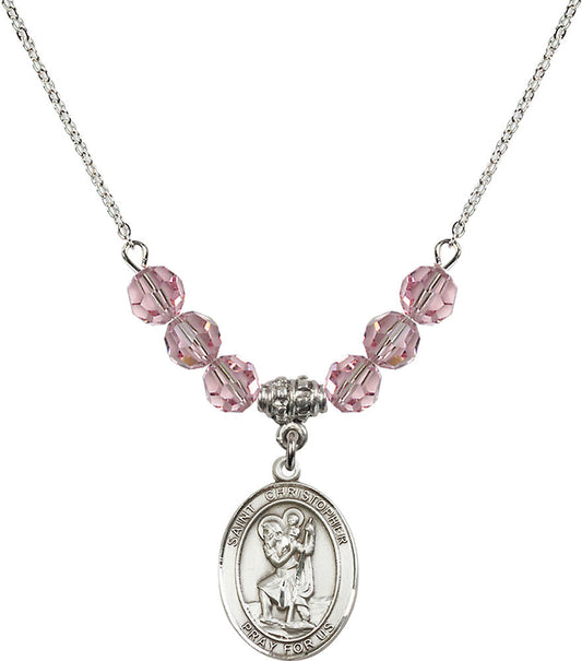Sterling Silver Saint Christopher Birthstone Necklace with Light Rose Beads - 8022