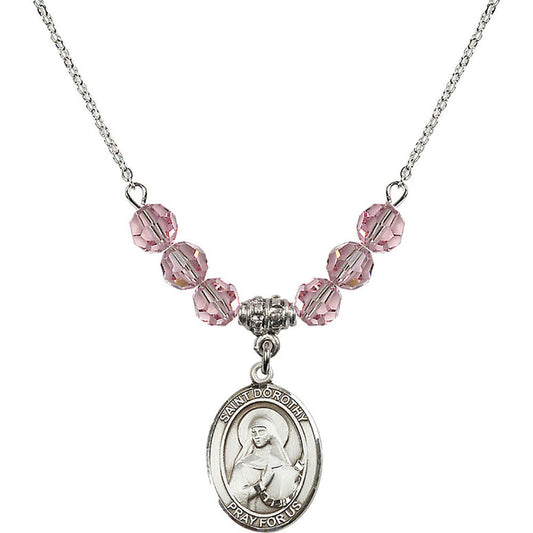Sterling Silver Saint Dorothy Birthstone Necklace with Light Rose Beads - 8023