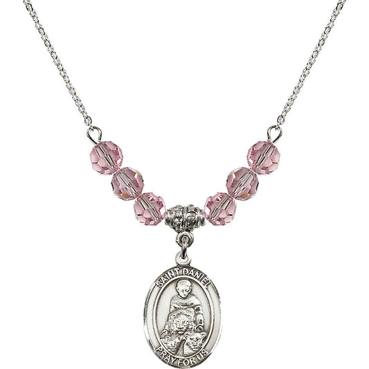 Sterling Silver Saint Daniel Birthstone Necklace with Light Rose Beads - 8024
