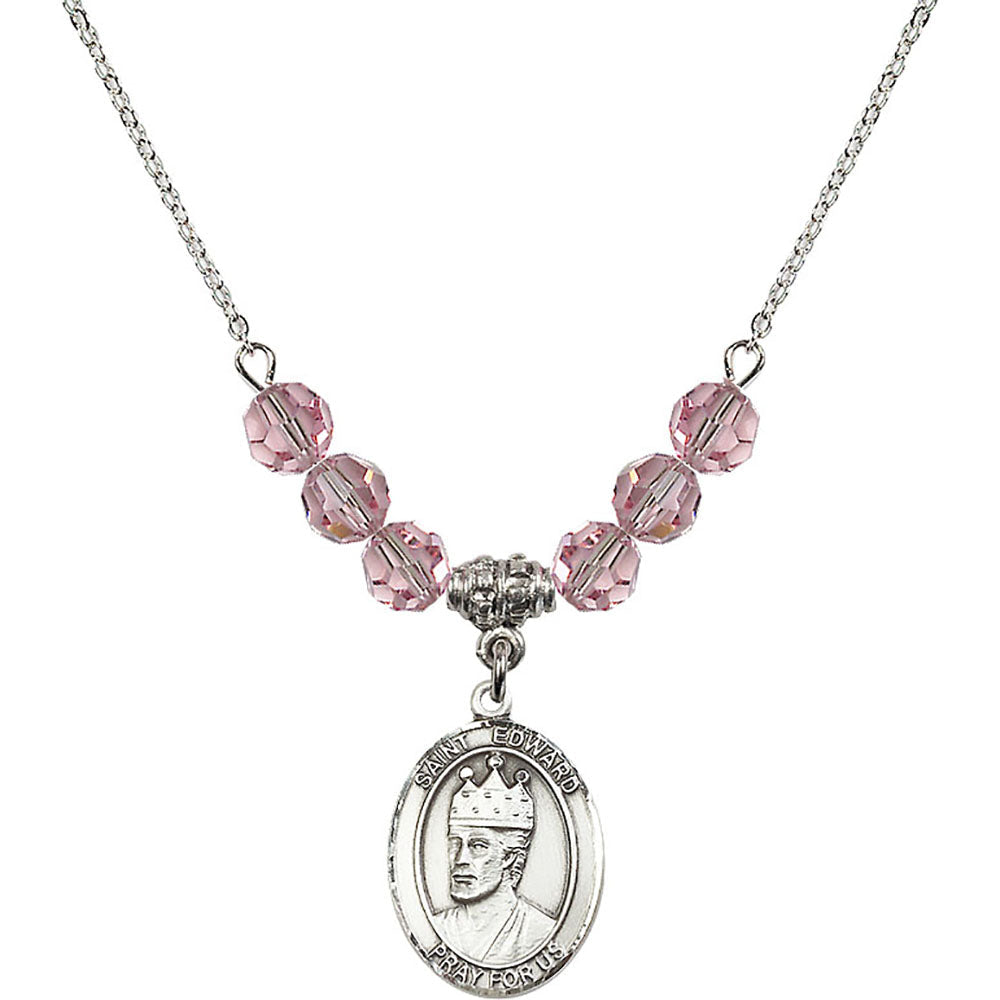 Sterling Silver Saint Edward the Confessor Birthstone Necklace with Light Rose Beads - 8026