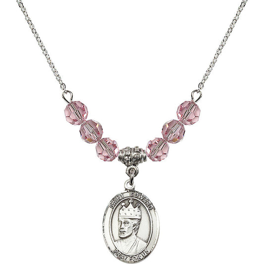 Sterling Silver Saint Edward the Confessor Birthstone Necklace with Light Rose Beads - 8026