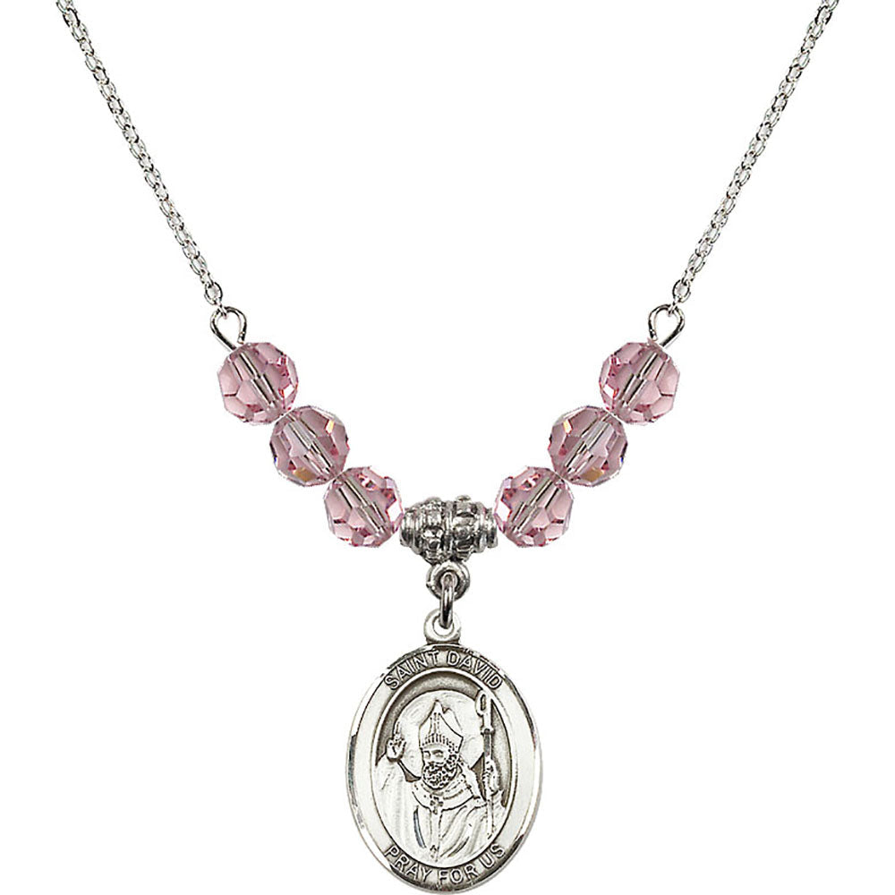 Sterling Silver Saint David of Wales Birthstone Necklace with Light Rose Beads - 8027