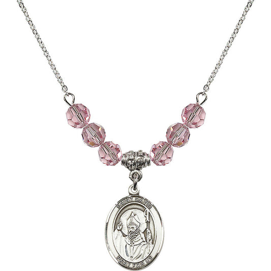 Sterling Silver Saint David of Wales Birthstone Necklace with Light Rose Beads - 8027