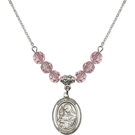 Sterling Silver Saint Clare of Assisi Birthstone Necklace with Light Rose Beads - 8028