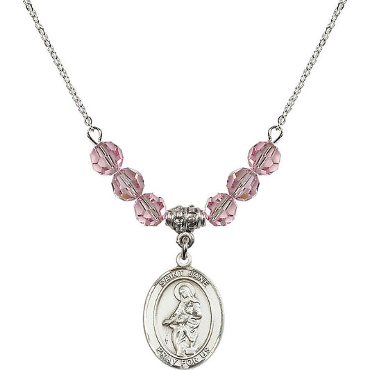 Sterling Silver Saint Jane of Valois Birthstone Necklace with Light Rose Beads - 8029