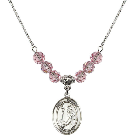 Sterling Silver Saint Dominic de Guzman Birthstone Necklace with Light Rose Beads - 8030