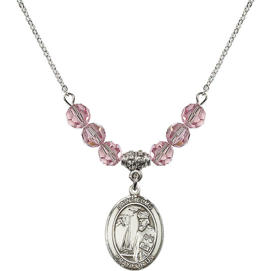 Sterling Silver Saint Elmo Birthstone Necklace with Light Rose Beads - 8031