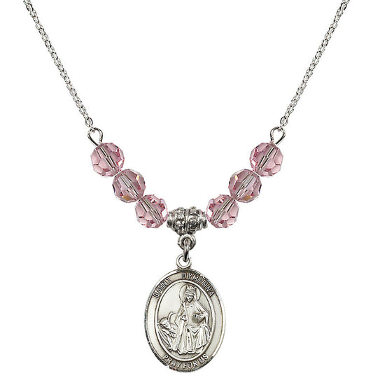 Sterling Silver Saint Dymphna Birthstone Necklace with Light Rose Beads - 8032
