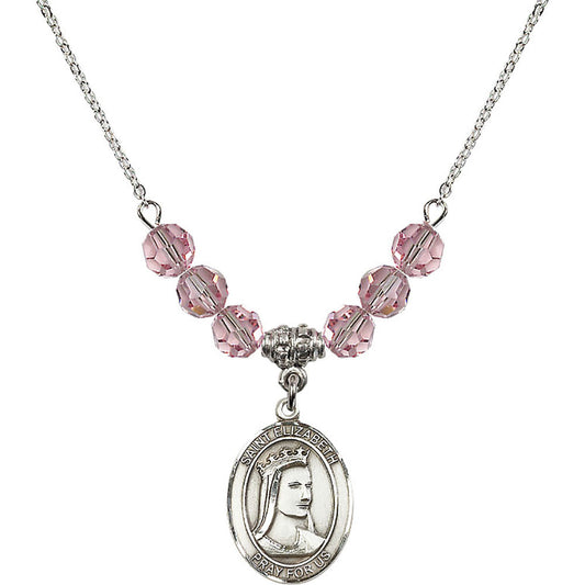 Sterling Silver Saint Elizabeth of Hungary Birthstone Necklace with Light Rose Beads - 8033